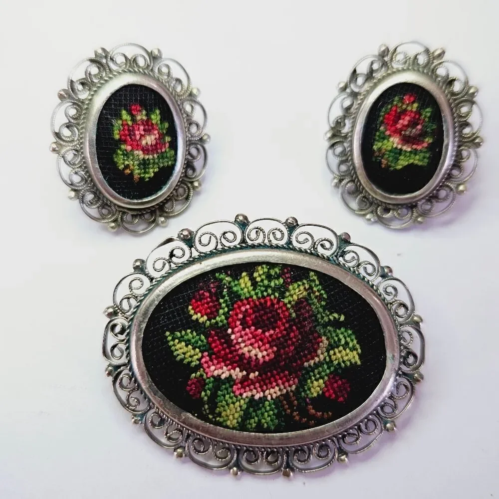 Vintge Demi Parure Petit Point Floral Needlework Filigree Earring Brooch Pin Set