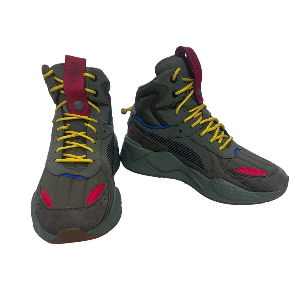 Puma RS-X Midtop Sneakers Mens Olive Green Grey Yellow High Top 373059-01‎