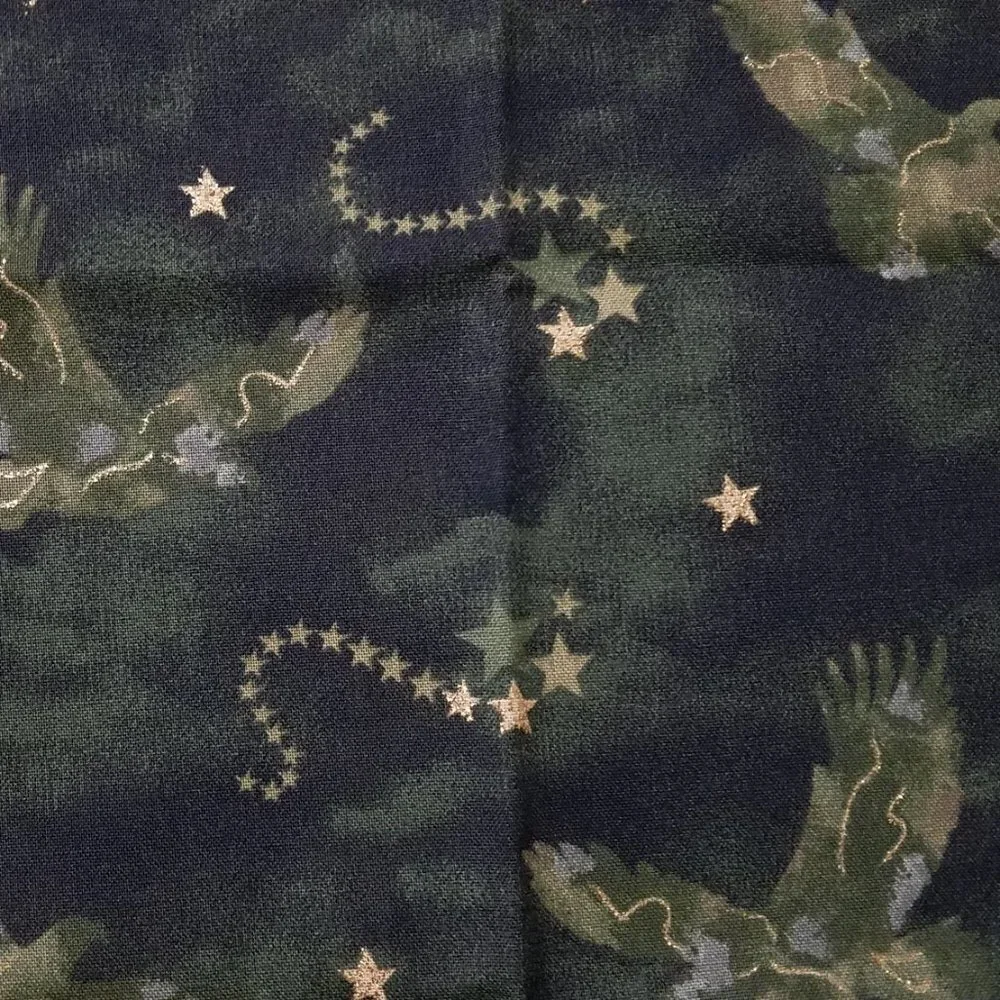 Fabric Traditions Patriotic Camo Eagles Green with Gold Sparkles 34 Inches