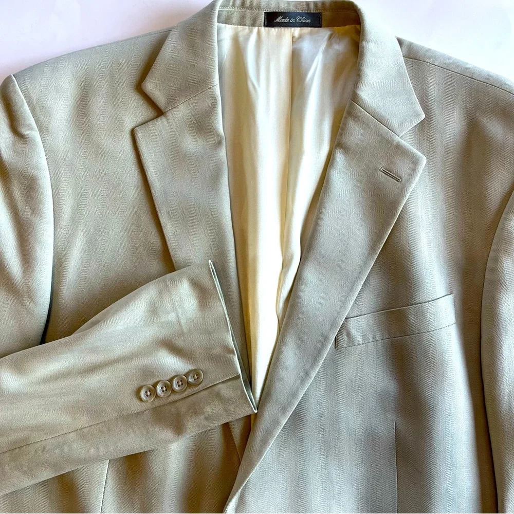 Oscar De‎ La Renta Men's 44L 100% Silk Sport Coat Beige Herringbone Blazer