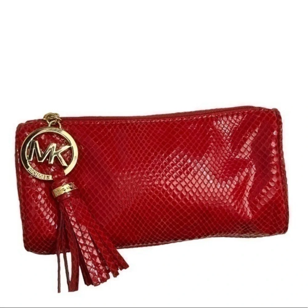Michael kors red snake embossed cosmetic bag or clutch tassel