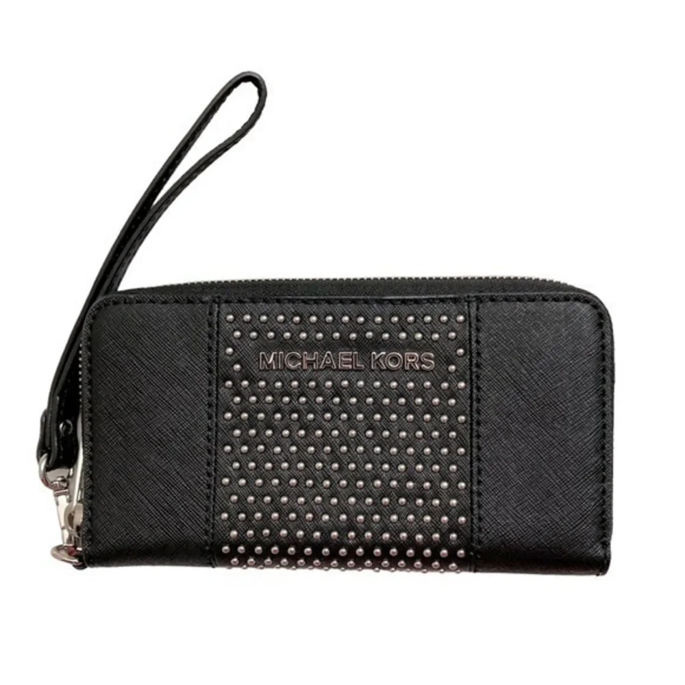 Michael Kira black saffiano leather wristlet clutch zipper wallet micro studs