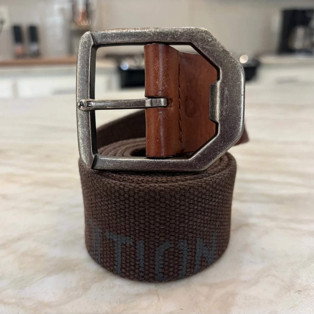 American Eagle Outfitters Men’s Brown Canvas Belt with White Logo