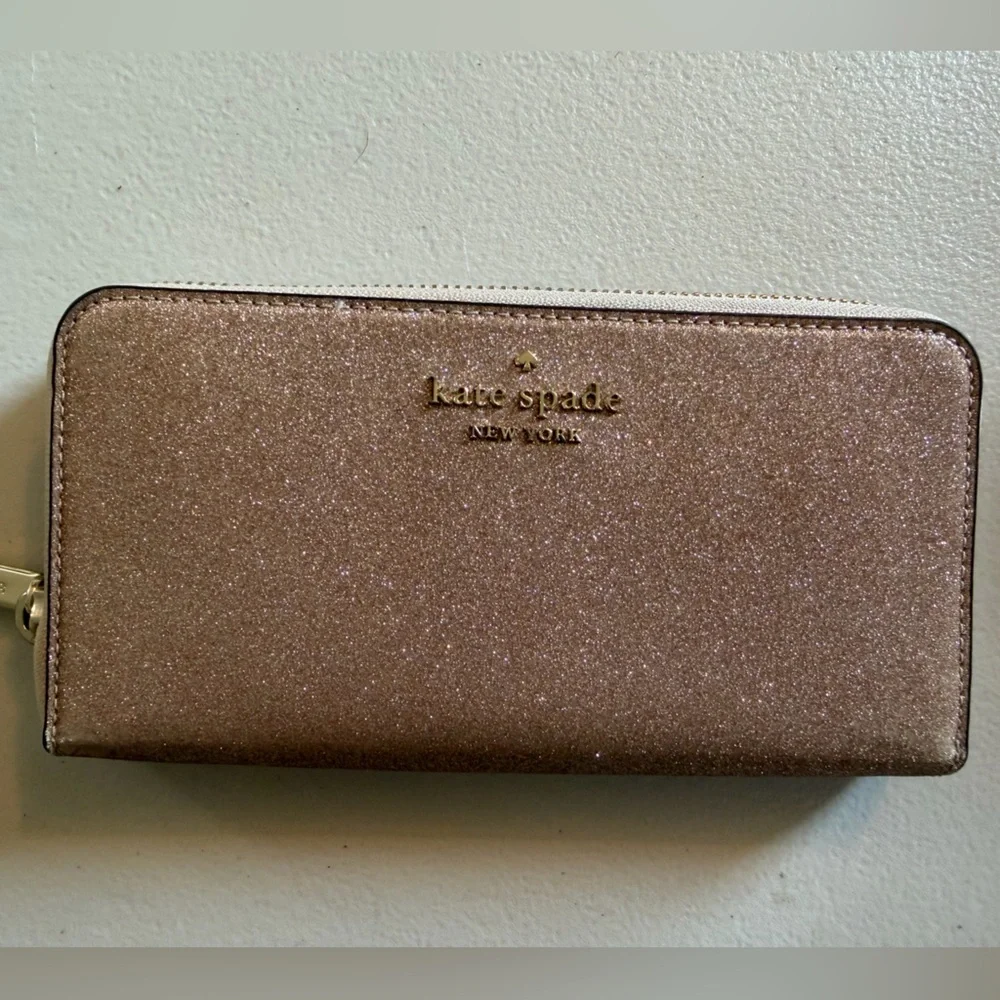New Kate Spade Women’s Shimmy Tinsel Glitter Large Continental Wallet Rose Gold