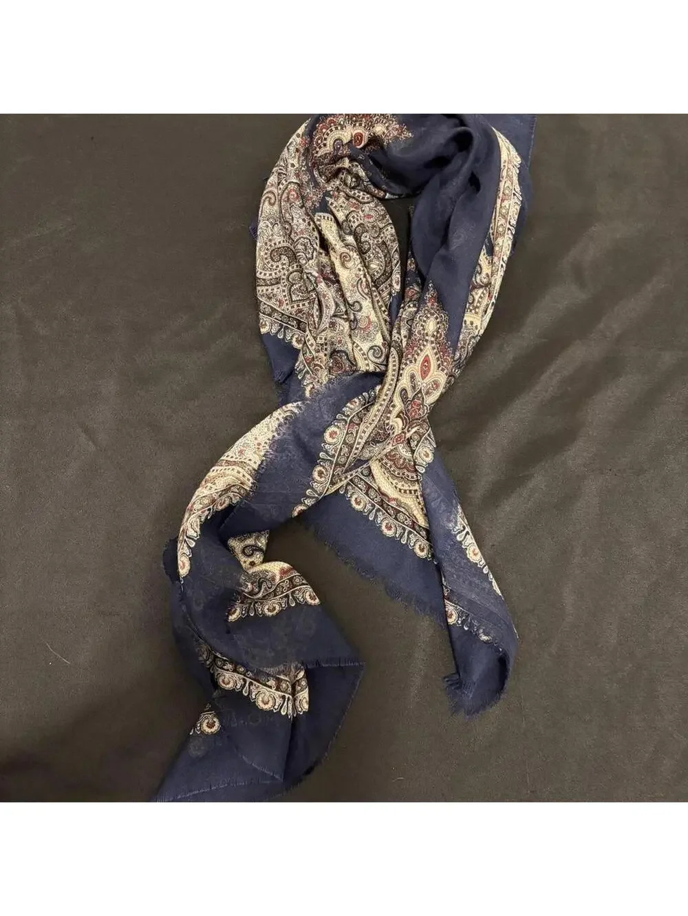 Vintage Paisley Scarf Shawl Navy Blue Red Cream Boho Wrap Fringe Lightweight