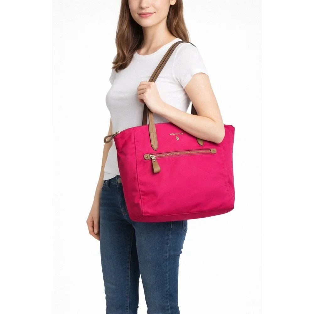 MICHAEL KORS Nylon Tote Bag Hot Pink Shoulder‎ Tote Zip Top Gold Hardware