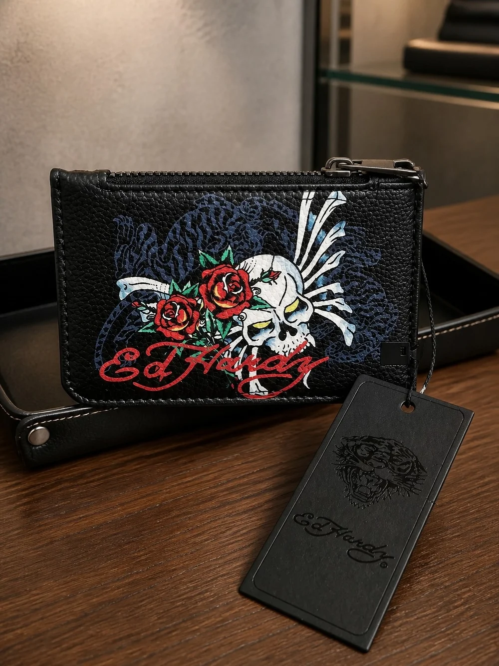 Ed Hardy Black Leather Skull & Rose Card Holder