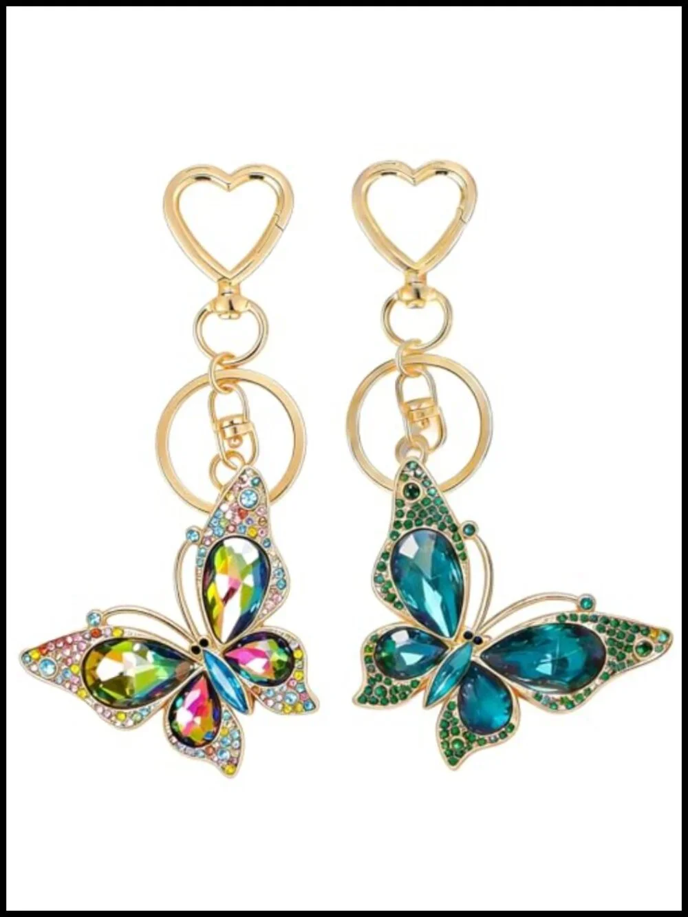 2-Piece Rhinestone Butterfly Keychain Set Zinc Alloy Bag Charm Car Pendant Gift