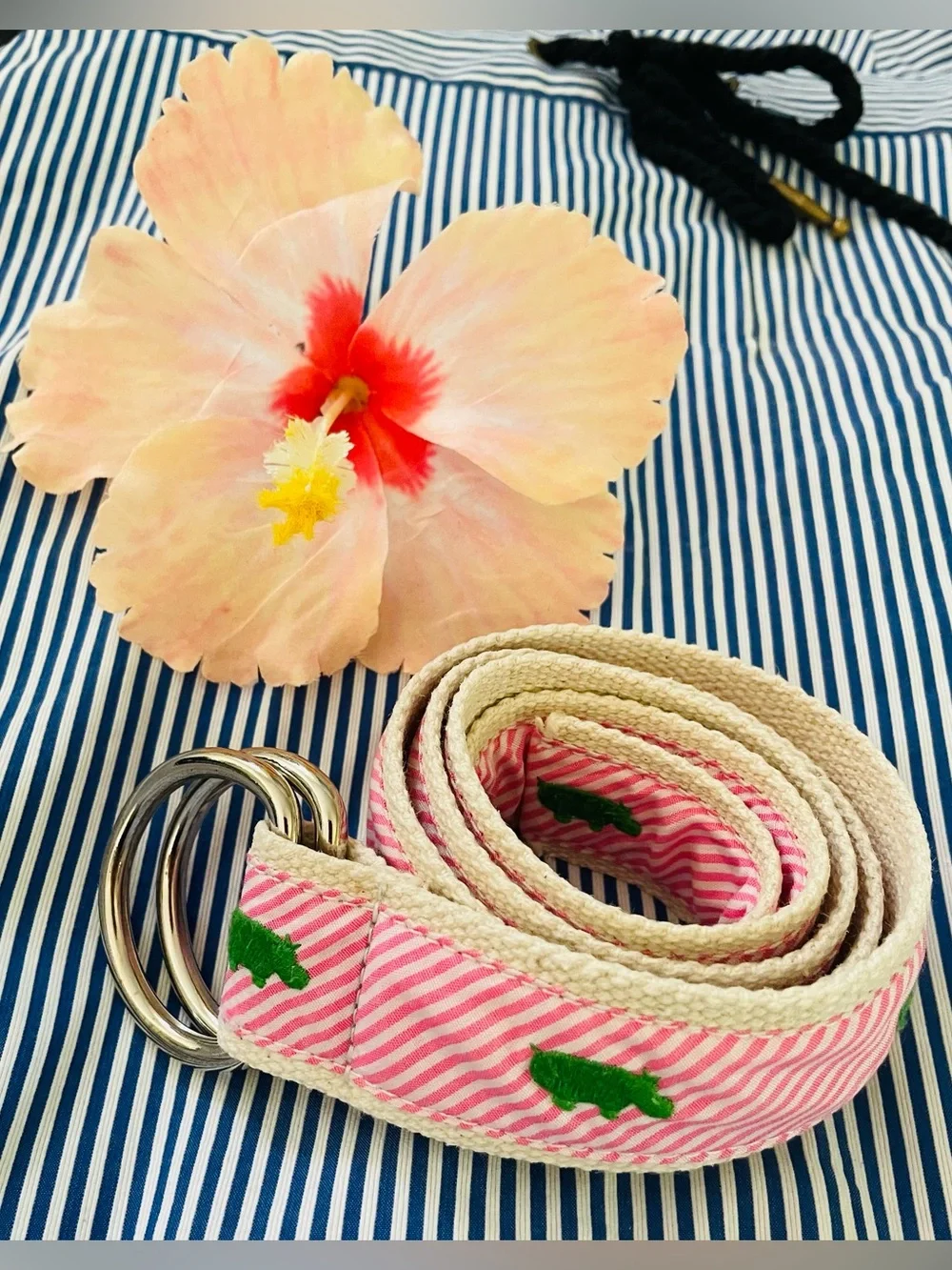 J. Crew Pink Striped Belt with Green Embroidered Hippo and Silver Rings