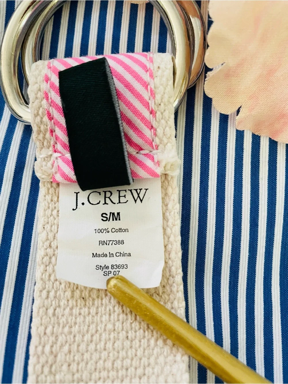 J. Crew Pink Striped Belt with Green Embroidered Hippo and Silver Rings