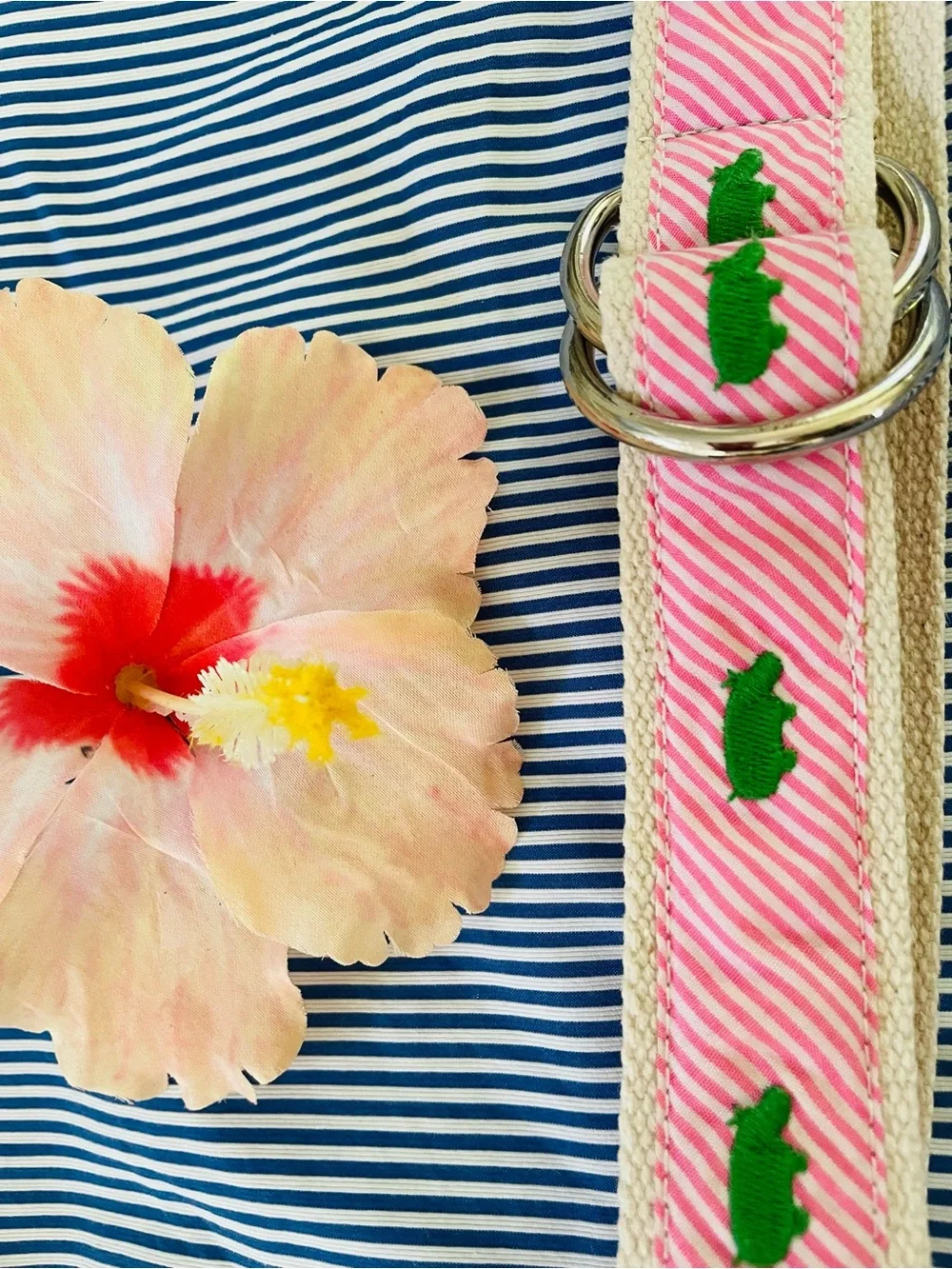 J. Crew Pink Striped Belt with Green Embroidered Hippo and Silver Rings