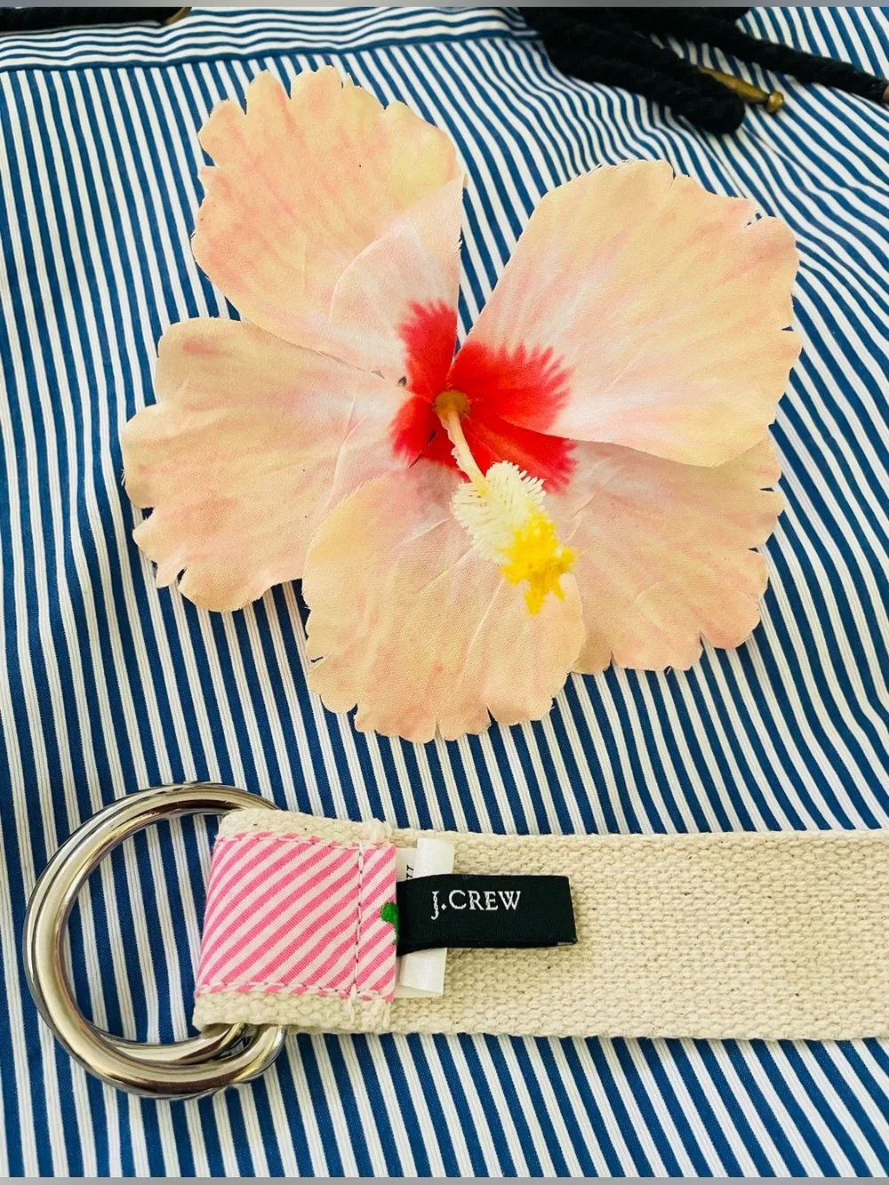 J. Crew Pink Striped Belt with Green Embroidered Hippo and Silver Rings