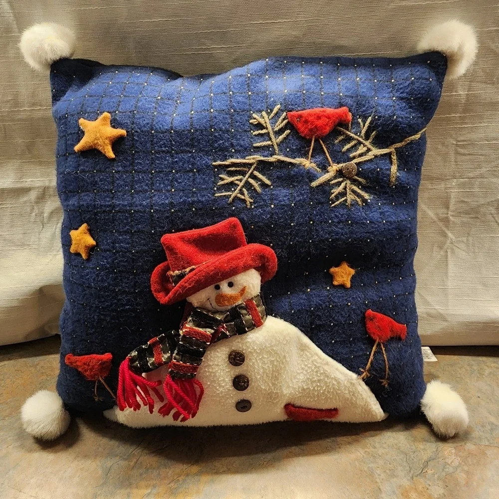 Snowman  & Cardinal Throw Pillow Felt Appliqued Christmas 16x16