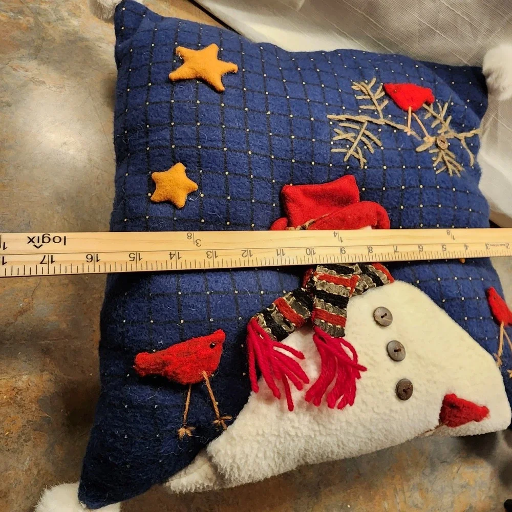 Snowman  & Cardinal Throw Pillow Felt Appliqued Christmas 16x16