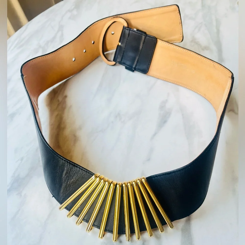 Vintage 1990s Karl Lagerfeld Black Leather Belt w/ Gold-Tone Metal Fan France