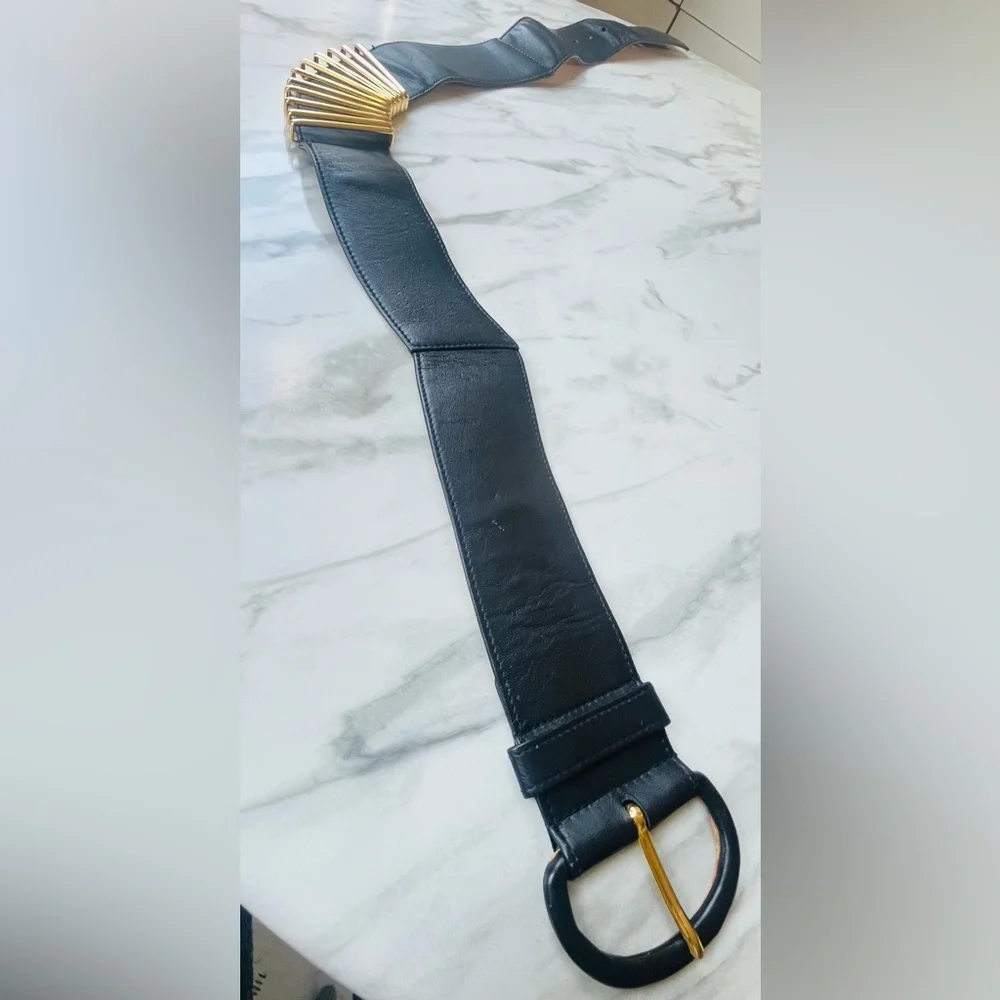 Vintage 1990s Karl Lagerfeld Black Leather Belt w/ Gold-Tone Metal Fan France