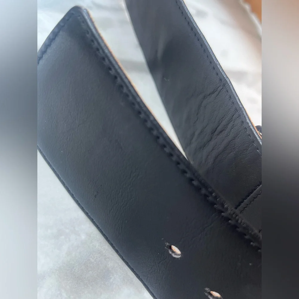 Vintage 1990s Karl Lagerfeld Black Leather Belt w/ Gold-Tone Metal Fan France