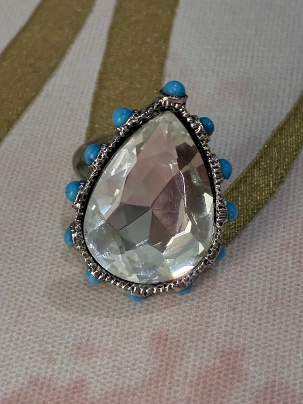 Teardrop Clear Crystal Ring with Turquoise Accents