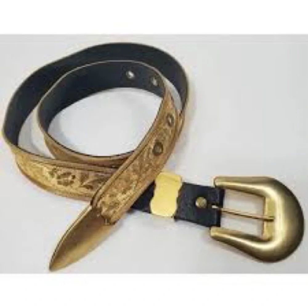VTG Another Line, USA, Shiny Metallic Embossed Gold Belt, Stunning, size Med