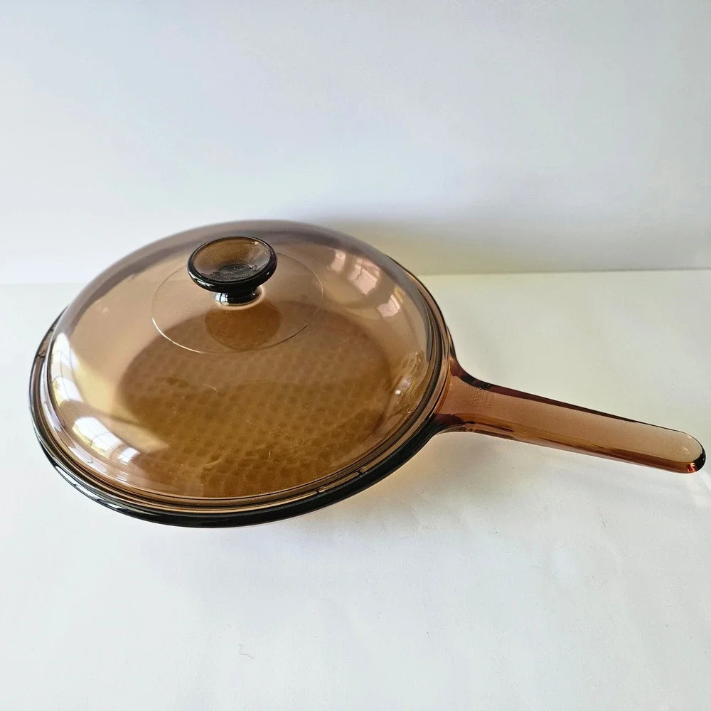 Vtg Corning Vision Ware Waffle Bottom 10in Frying Pan Skillet w Lid Amber Glass