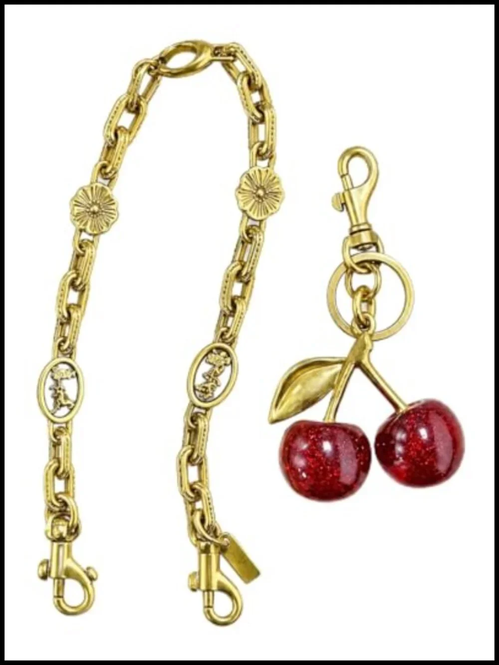 Gold Bag Charm Chain with Cherry Pendant, Purse Keychain, Extender Strap for