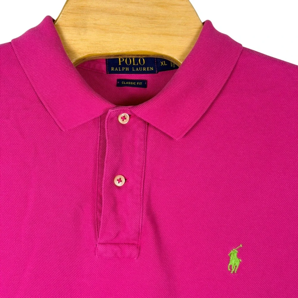Polo Ralph Lauren Polo Shirt Men XL Pink Classic Fit Cotton Lime Green Pony Prep