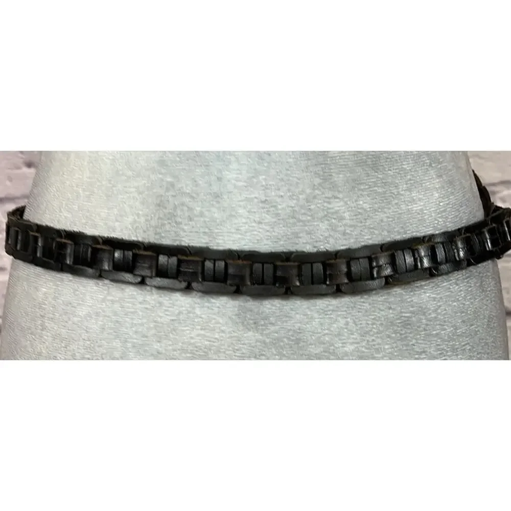 Unique Black Woven Leather Chain Belt with Silver Buckle
