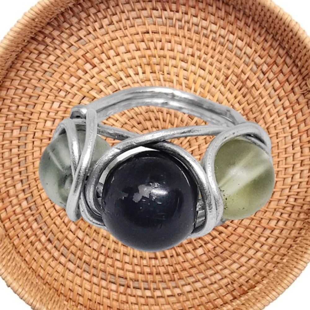 Black and Green Beads Hand Wired Ring