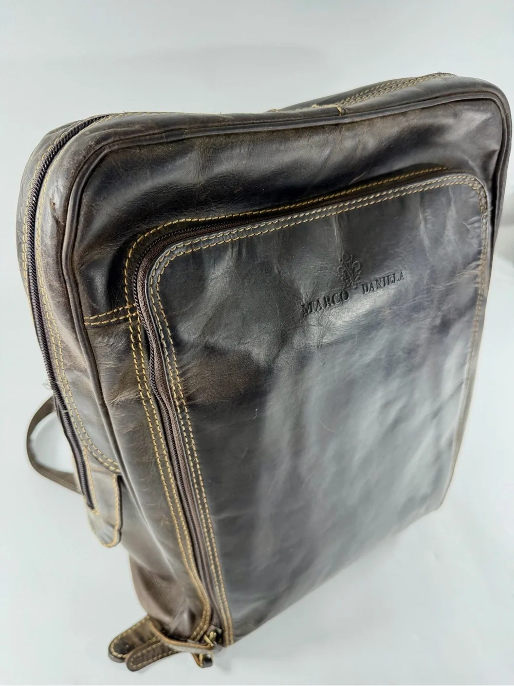 Vintage Distressed Leather Backpack Marco Daniela Brown Laptop Travel Bag