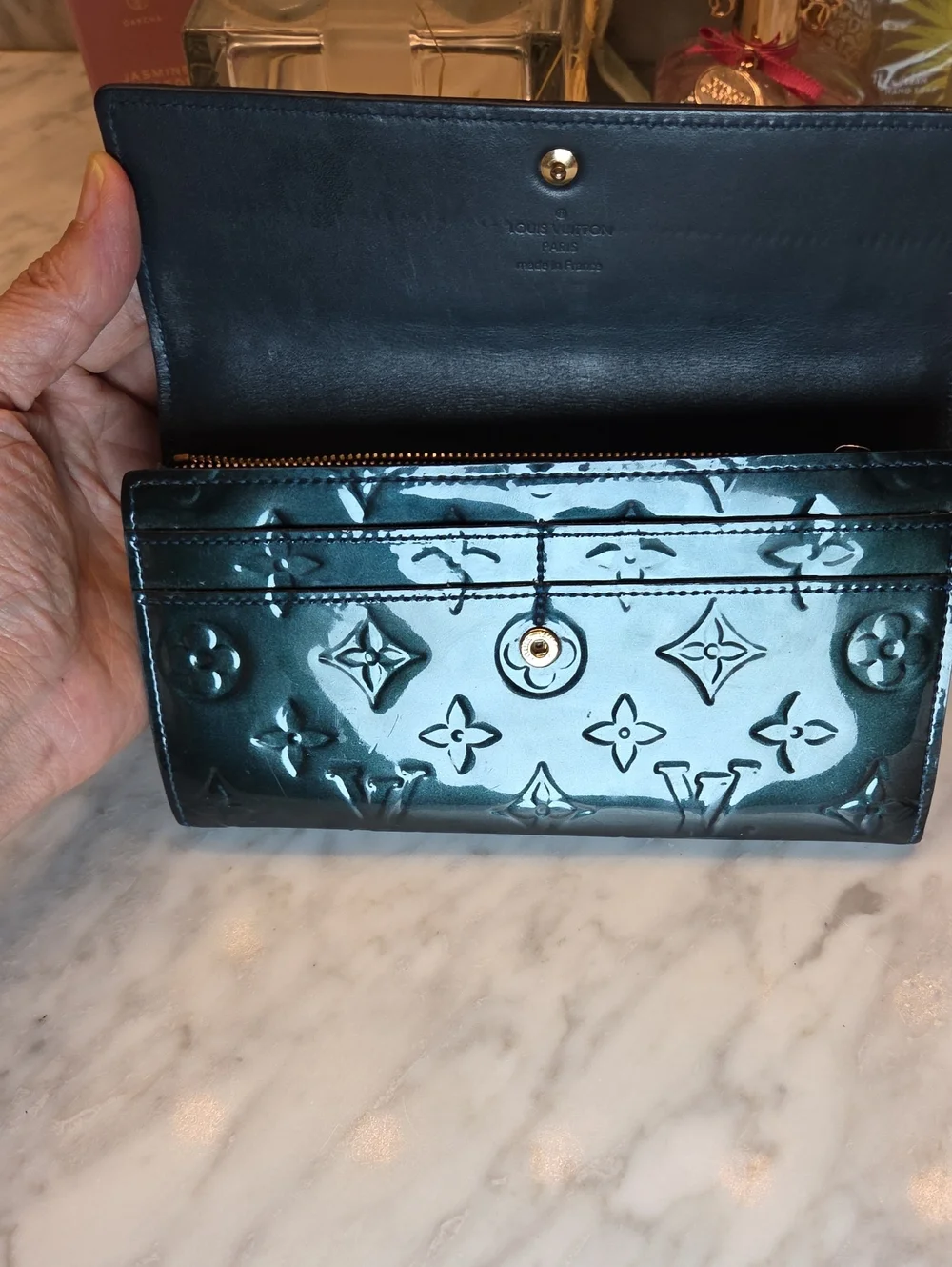 Authentic Louis Vuitton Blue/Green Monogram Vernis Continental Wallet EUC