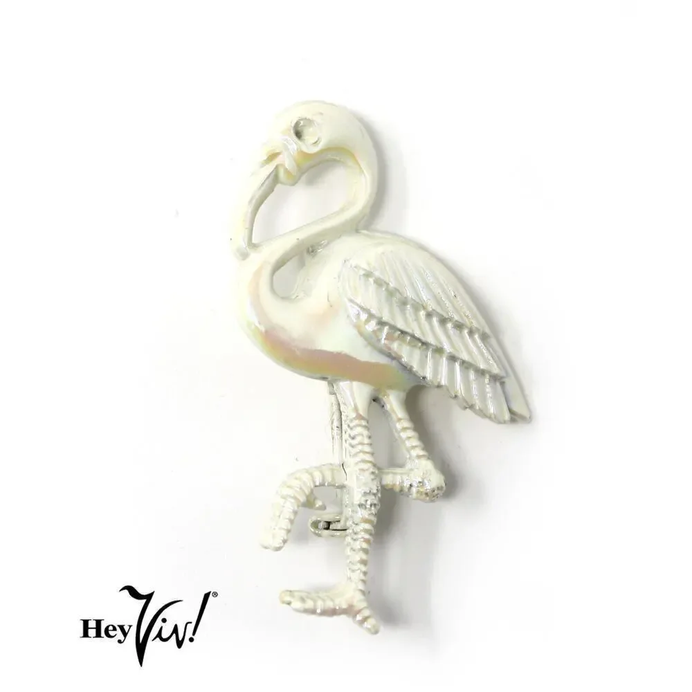 Vintage Flamingo Pin Iridescent White Enamel w Detailed Look 2