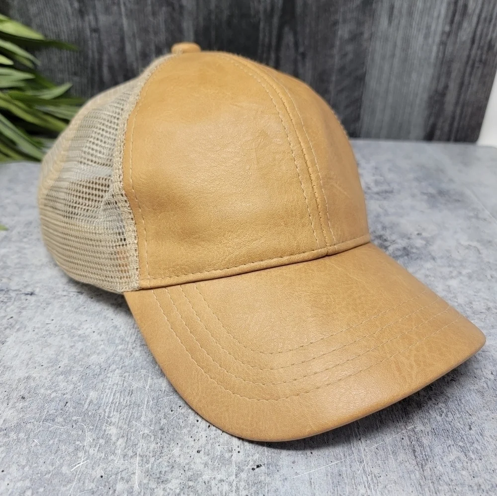 C&C | Tan Faux Leather Mesh Back Adjustable Trucker Cap Hat Neutral Casual