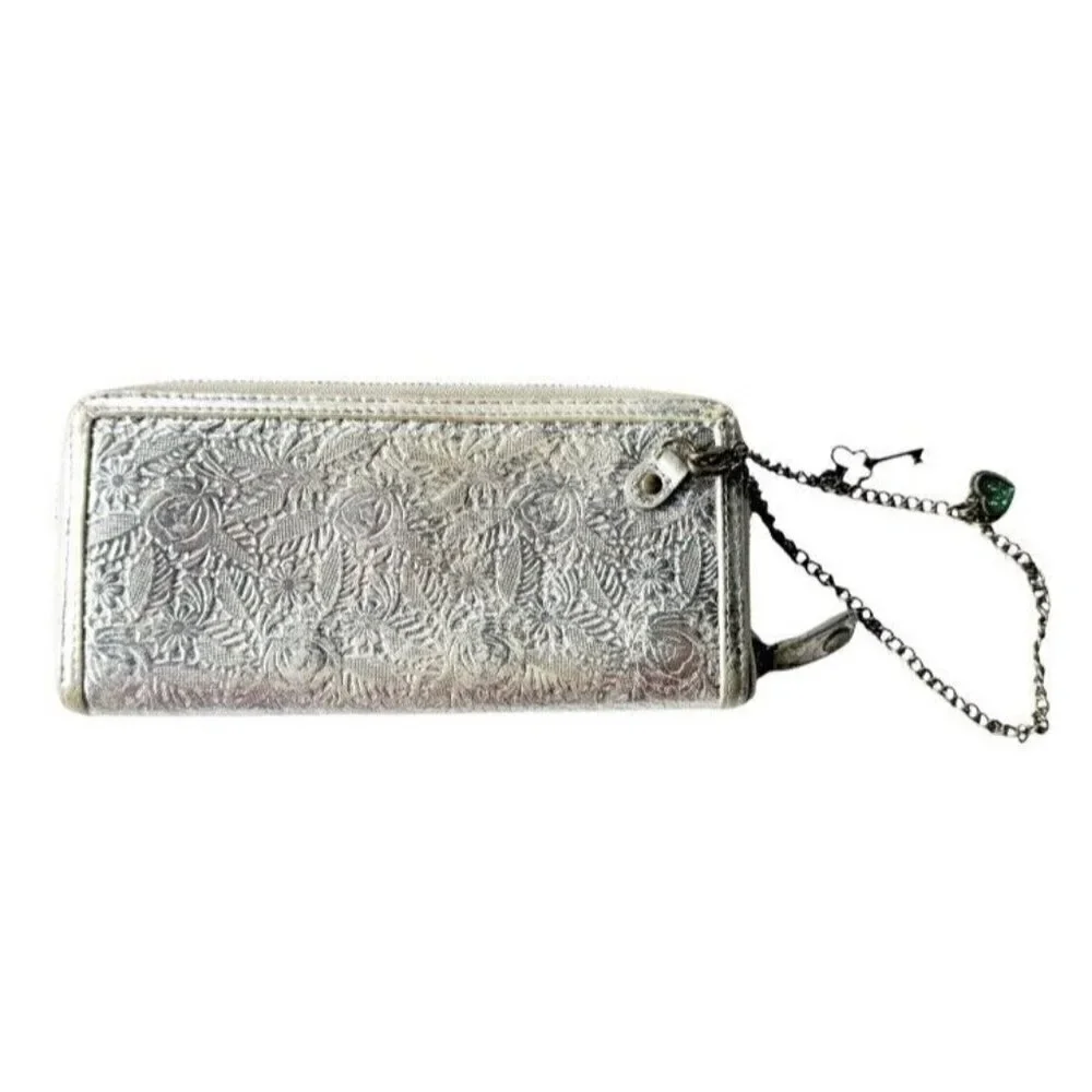 Anna Sui Silver Floral Long Wallet with Accent Chain and Gold Butterfly Emblem