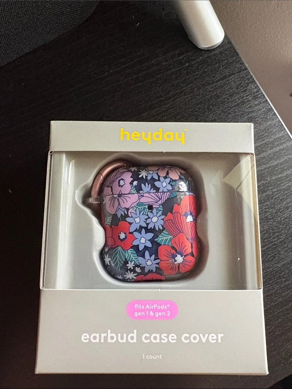 heyday Floral Earbud Case Cover in Navy with Pink & Red Flowers. AirPod Gen 1-2