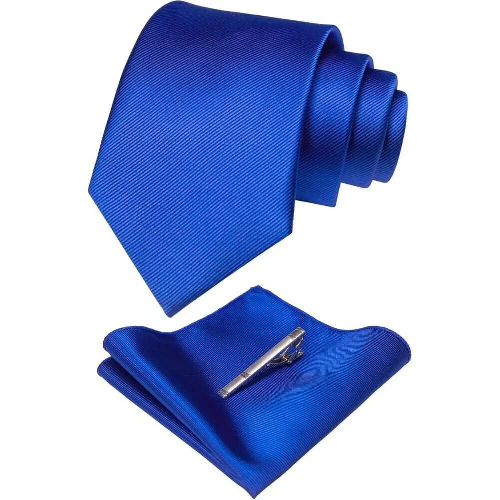 Men's Royal Blue Colour Formal Necktie and Pocket Square Tie Clip Sets