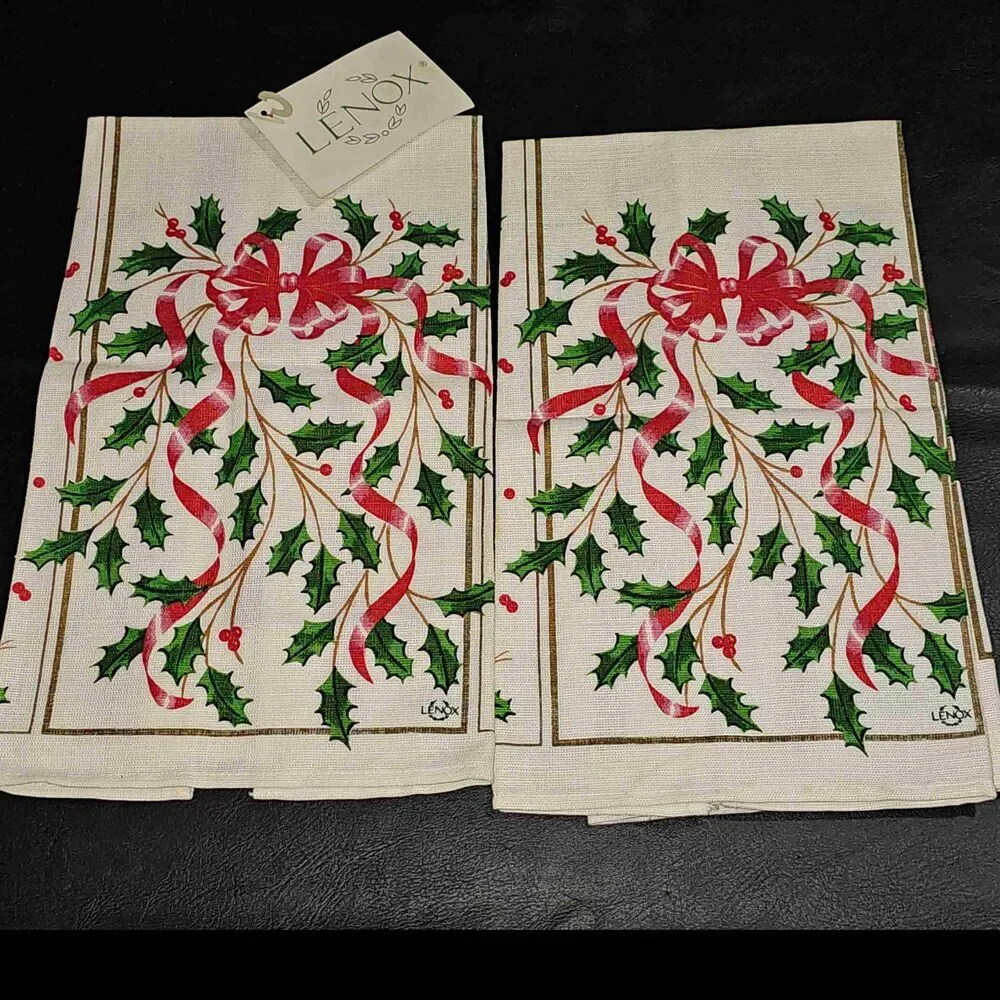 NEW Lenox Red Gold Holly Ribbon Set Of 2 Christmas Table Linens Holiday‎ NOS