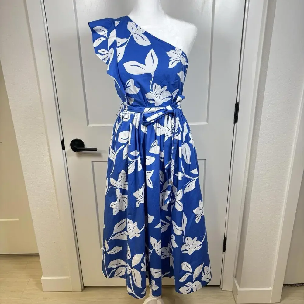 NWT J. Crew One Shoulder Ruffle Midi Dress Blue/White Floral Size 4 Beach Resort