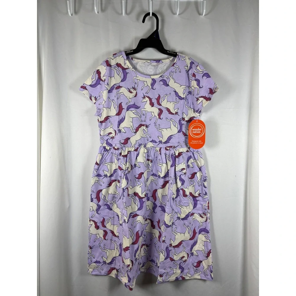 Wonder Nation Girls Purple Unicorn Print Short‎ Sleeve Casual Dress Size L 10-12