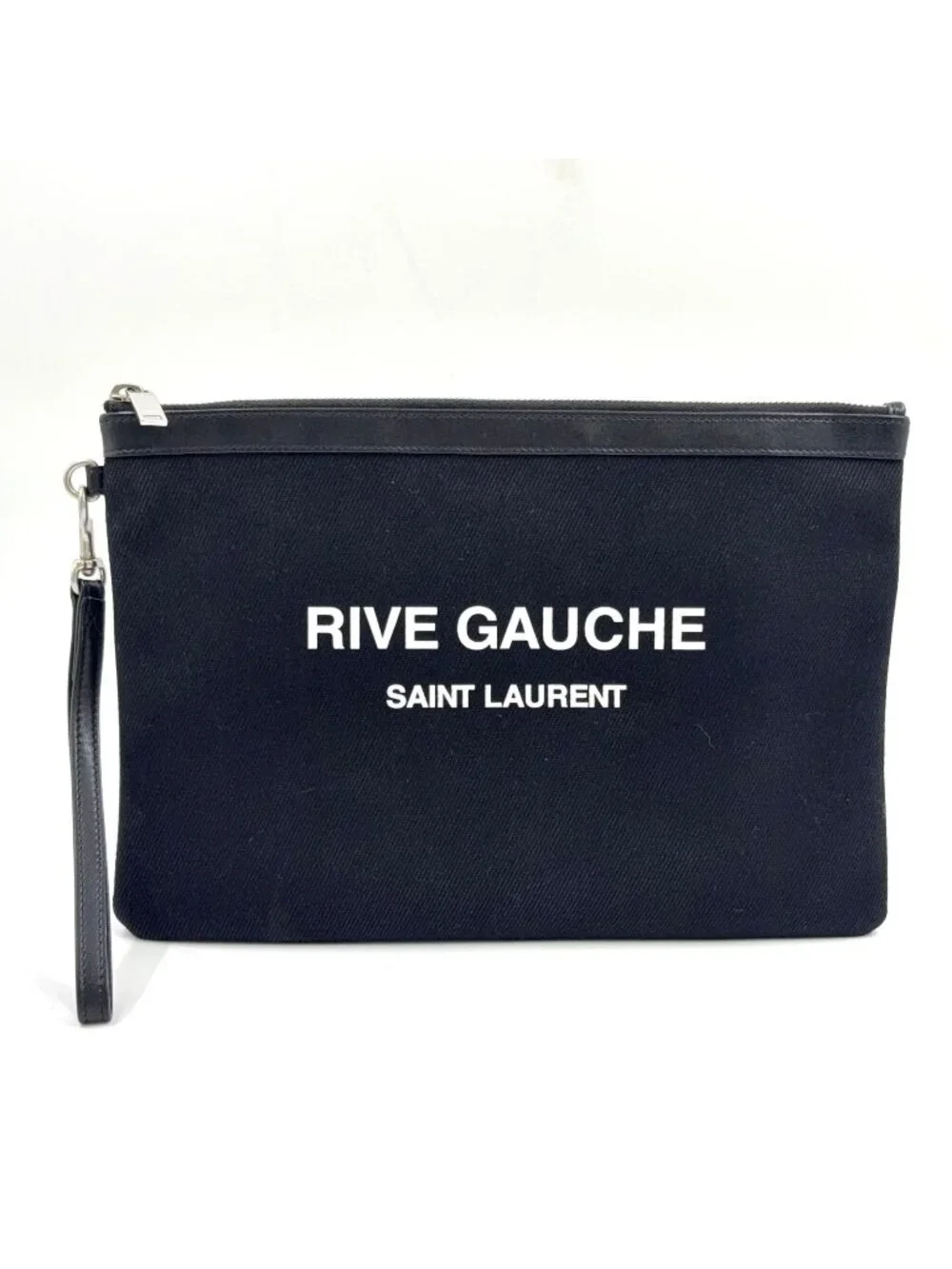 Saint Laurent Paris Rive Gauche Leather Canvas Black Clutch Silver