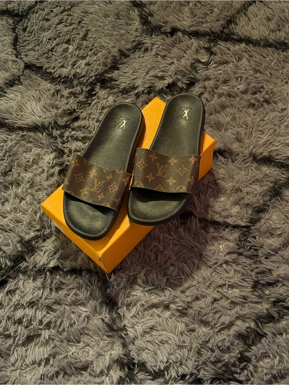 Louis Vuitton Monogram Slide Sandals in Brown and Black