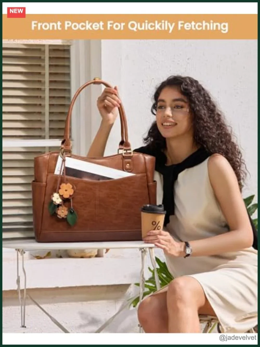 Vintage Laptop Tote Bag with Flower Pendant, Faux Leather Work Bag for Women
