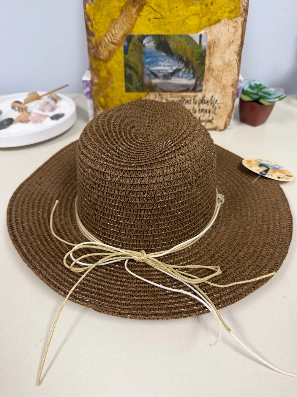 ROYAL Brown Beaded Silver Tone Chain Triple Cord Tie Coastal Boho Straw Sun Hat