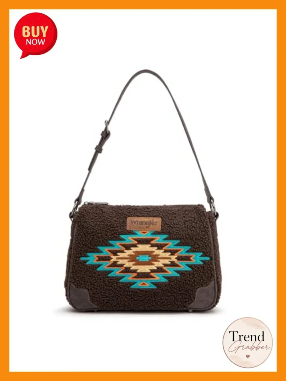 Embroidered Aztec Shoulder Bag with Faux Leather and Sherpa Trim