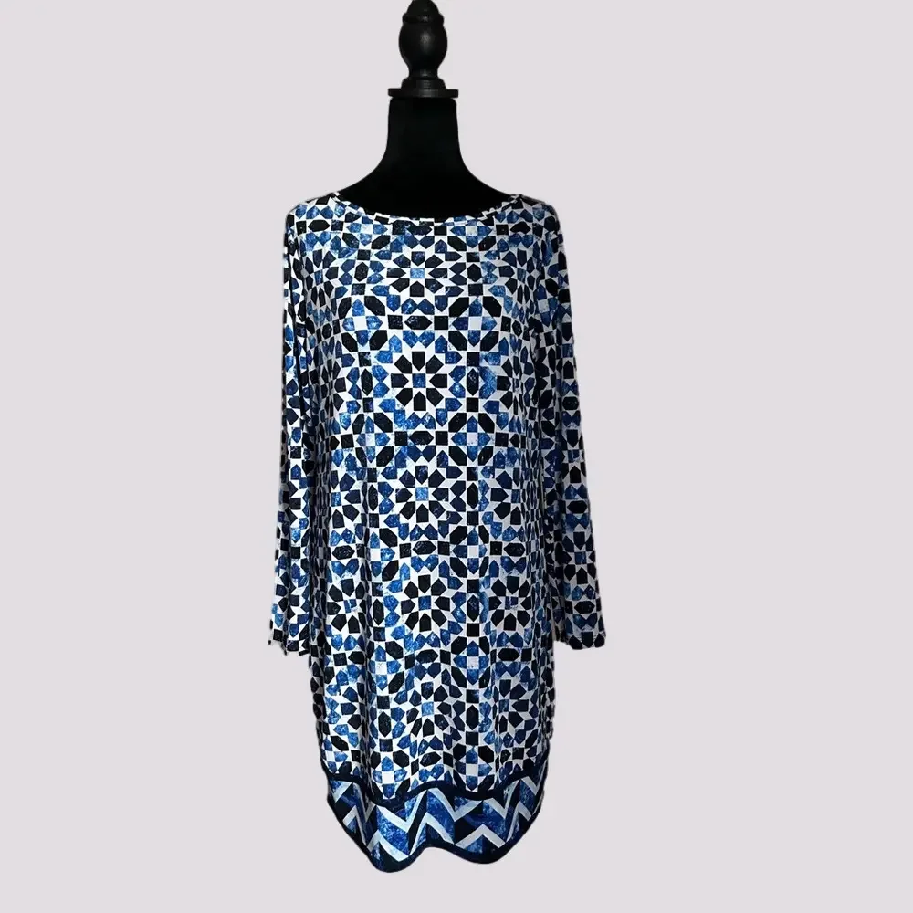 Michael Kors Petite Geometric Long Sleeve Sheath blue white black LP