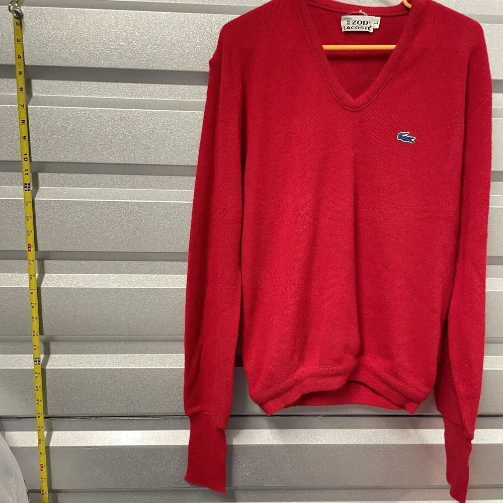 VTG IZOD LACOSTE‎ Sweater Mens Large Vneck Grandpa RED Logo Luxury NYC Golf