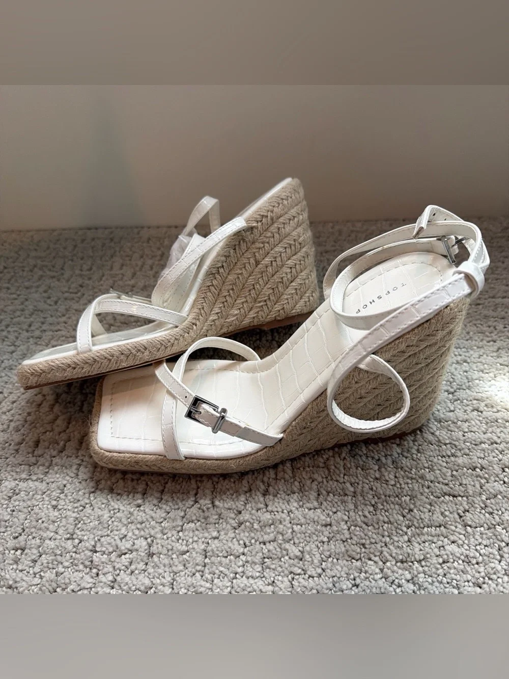 Topshop White Croc-Textured Espadrille Wedge Sandals