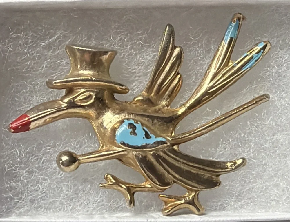 Vintage Roadrunner Natty Bird Pin Brooch Stork Gold Tone Enamel Top Hat Cane