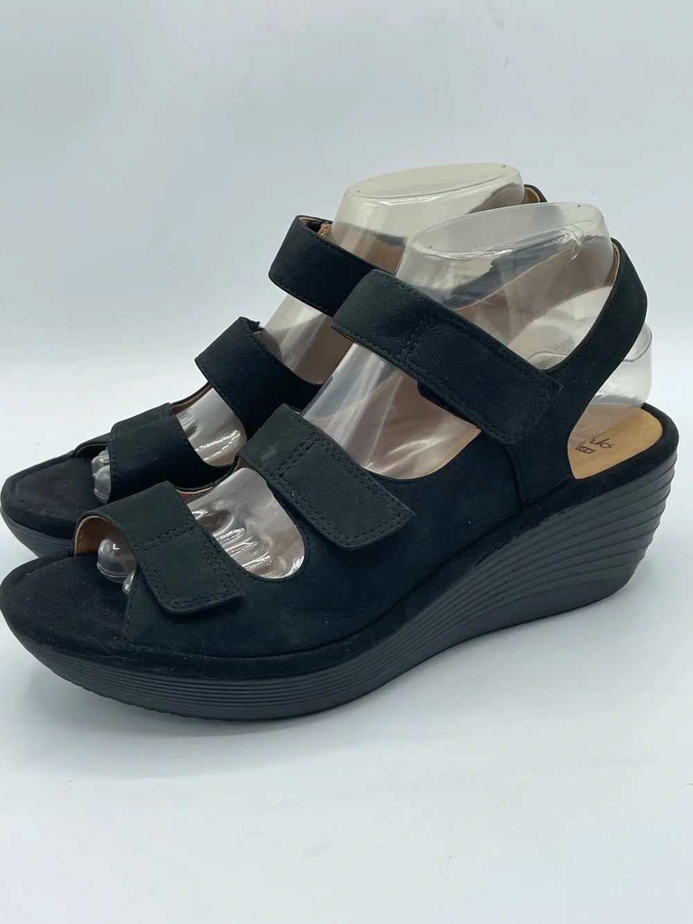 Clarks Black Three-Strap Wedge Sandals