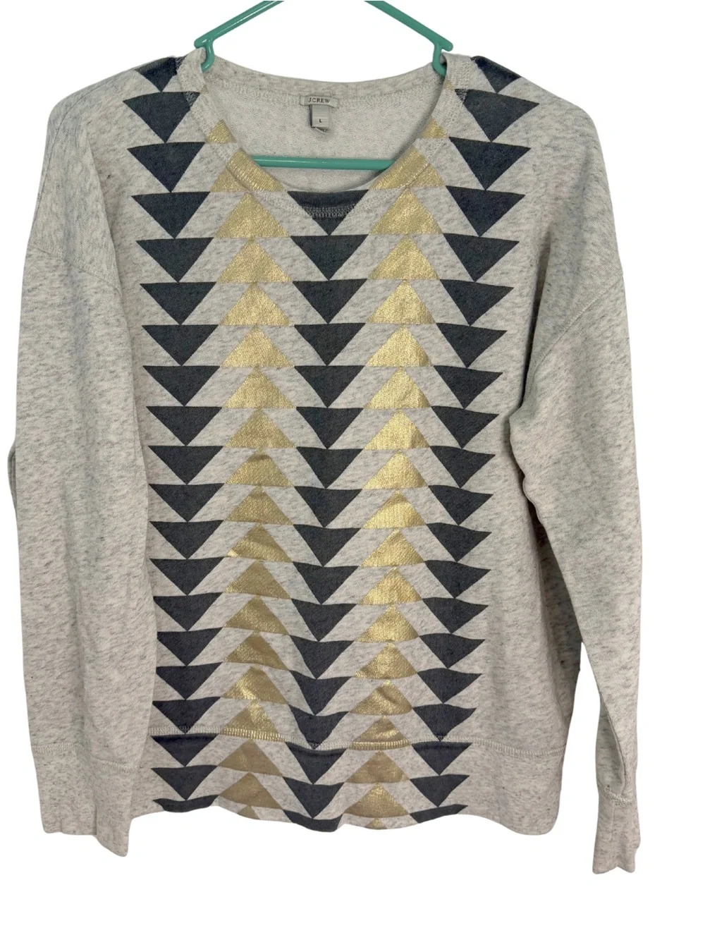 J. Crew Gray V-Neck Sweatshirt with Gray and Gold Arrows Size Large