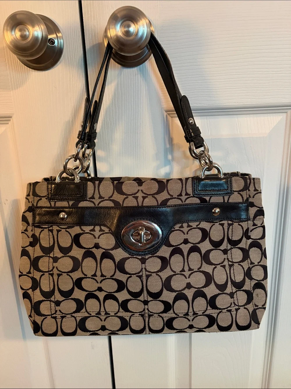 Vintage Coach Brown and Black Signature Canvas Shoulder Bag